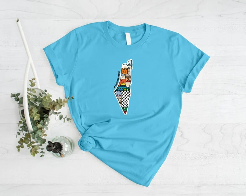 Palestine Map Printed T-Shirt, Al Aqsa Mosque Design Shirt, Palestinians Muslims Comfy Adults Top, Palestine Crewneck Tees