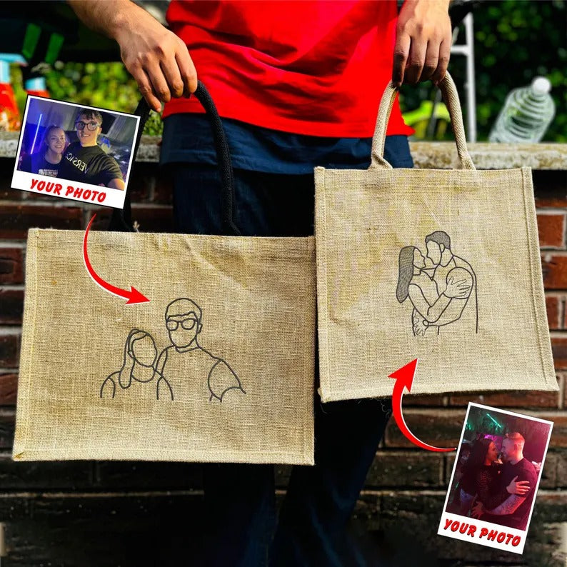 Custom Couple Photo Portrait Tote Bag, Embroidered Faceless Outline Sketch Bag, Shopping Jute Tote Bag, Personalised Birthday Gift for Him