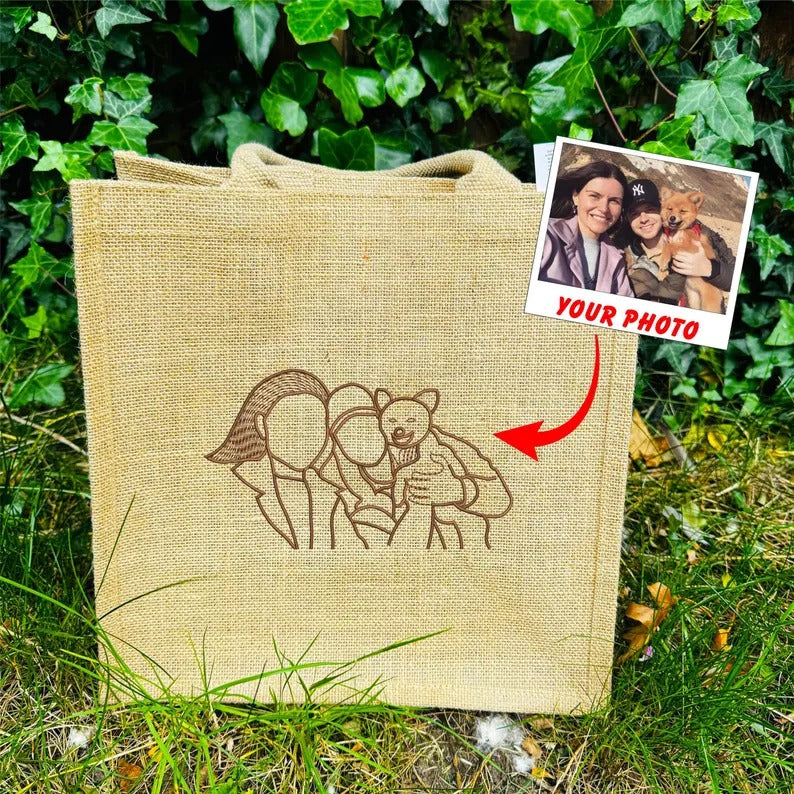 Custom Couple Photo Portrait Tote Bag, Embroidered Faceless Outline Sketch Bag, Shopping Jute Tote Bag, Personalised Birthday Gift for Him