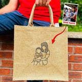 Custom Couple Photo Portrait Tote Bag, Embroidered Faceless Outline Sketch Bag, Shopping Jute Tote Bag, Personalised Birthday Gift for Him