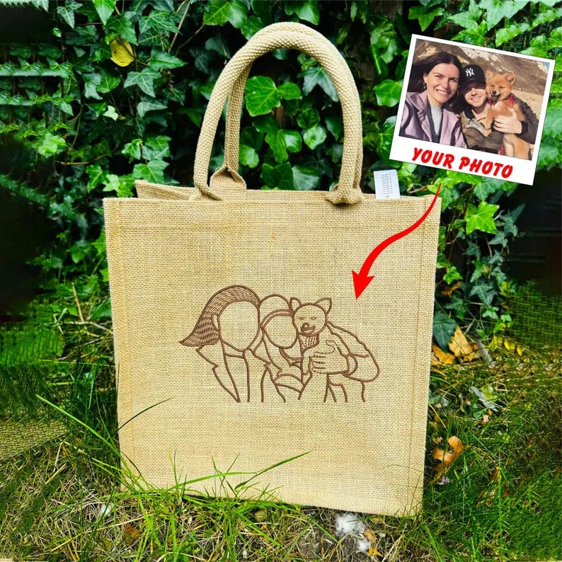 Custom Couple Photo Portrait Tote Bag, Embroidered Faceless Outline Sketch Bag, Shopping Jute Tote Bag, Personalised Birthday Gift for Him