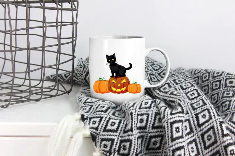 Halloween Cat Mugs, Cat on Pumpkins Halloween Mug, Vintage Halloween Coffee Cups, Spooky Season Fall Mugs, Family Matching Halloween Gifts