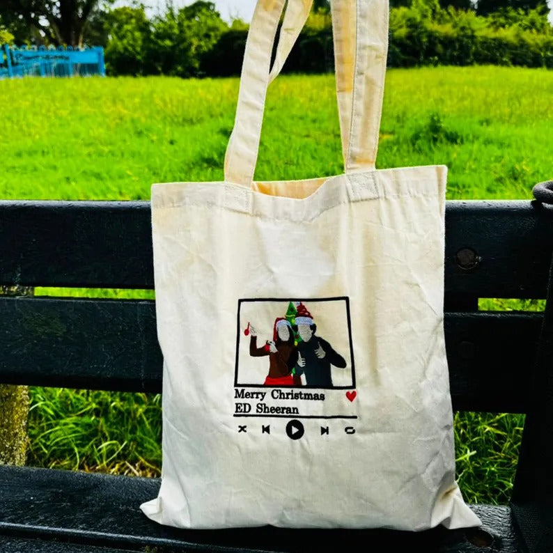 Personalised Couple Photo Portrait Tote Bag, Embroidered Album Cover Sketch Bag, Minimalist Cotton Tote Bag, Christmas Shopping Bag for Her