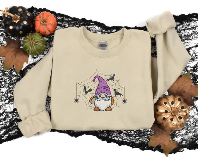 Halloween Gnome Embroidery Sweatshirt, Cute Halloween Gnome Fall Jumper, Halloween Crewneck Sweater, Unisex Comfort Color Sweater, Fall Gift