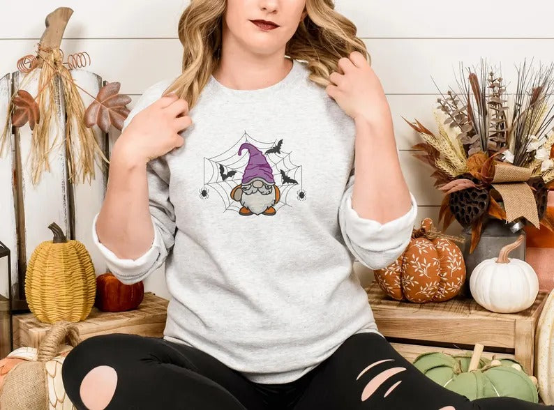 Halloween Gnome Embroidery Sweatshirt, Cute Halloween Gnome Fall Jumper, Halloween Crewneck Sweater, Unisex Comfort Color Sweater, Fall Gift