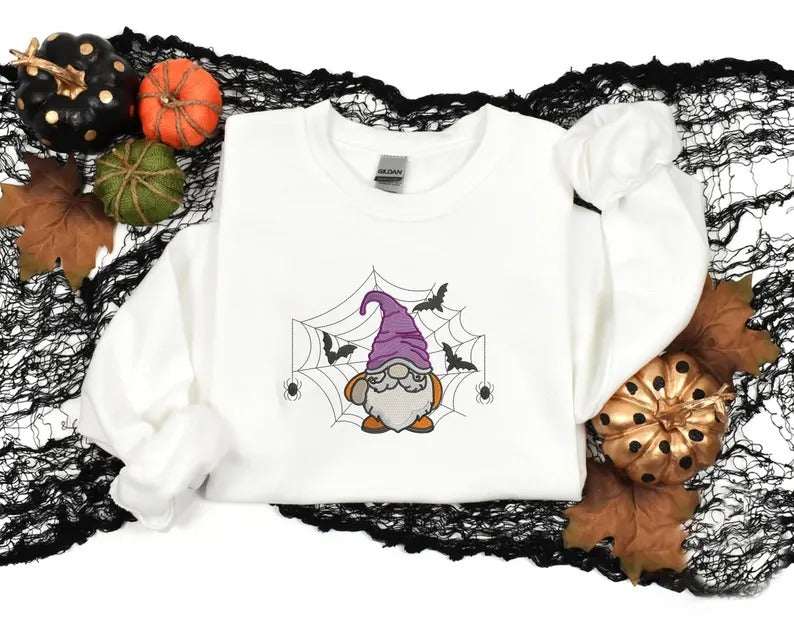 Halloween Gnome Embroidery Sweatshirt, Cute Halloween Gnome Fall Jumper, Halloween Crewneck Sweater, Unisex Comfort Color Sweater, Fall Gift