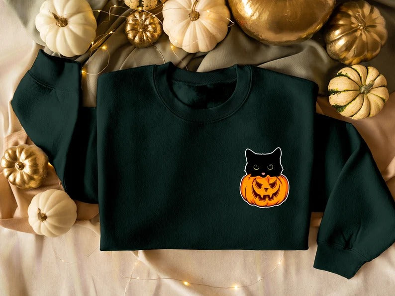 Halloween Cat Crewneck Jumper, Cat Sneaking Printed Sweatshirt, Halloween Cat Sweater, Spooky Season Outfits, Family Matching Cat Lover Gift