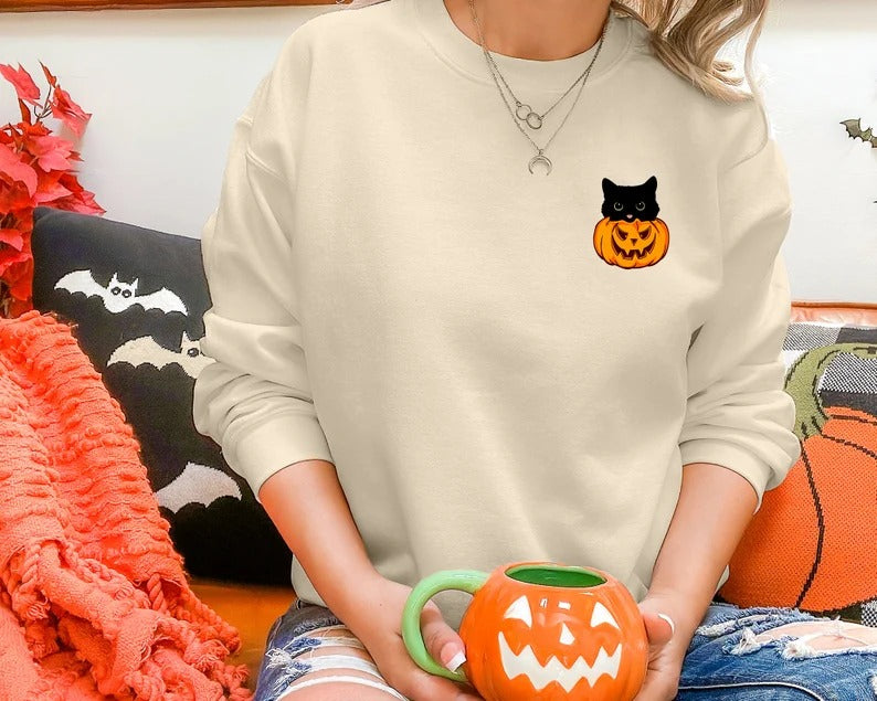 Halloween Cat Crewneck Jumper, Cat Sneaking Printed Sweatshirt, Halloween Cat Sweater, Spooky Season Outfits, Family Matching Cat Lover Gift