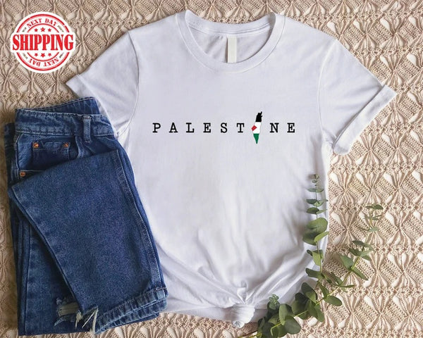 Palestine Name Printed T-Shirt, Palestine Flag Map Crewneck Shirt, Palestinians Matching Top, Muslim Solidarity Outfit