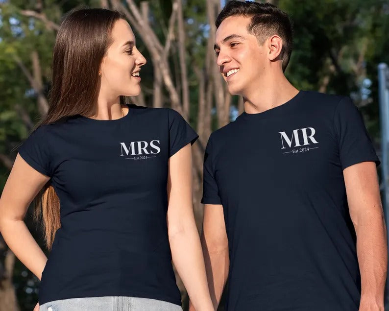 Mr. Mrs Est Shirt, Personalised Est Date Printed T-Shirt, Husband & Wife Couple Matching Tees, Bride and Groom Honeymoon Shirt, Gift for Him