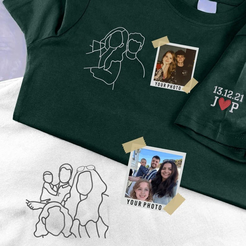 Personalised Couple Portrait T-Shirt, Embroidered Sketch from Photo Shirt, Custom Couple Matching Tees, Memorial Anniversary Gift for Him