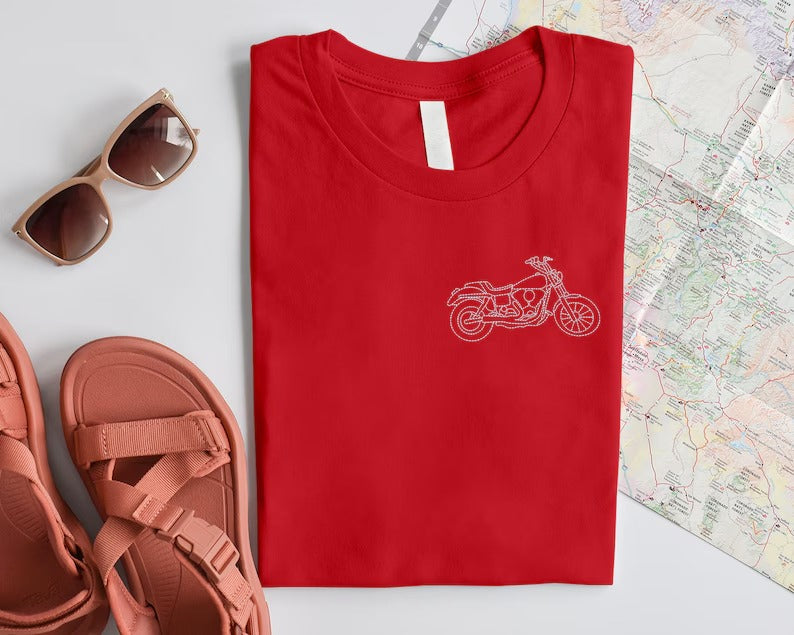 Custom Embroidered Motorbike Shirt, Personalised Bike Sketch form Photo T-Shirt, Couple Matching Initials Pullover Tees, Gift for Husband