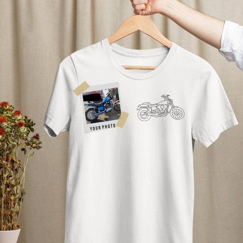 Custom Embroidered Motorbike Shirt, Personalised Bike Sketch form Photo T-Shirt, Couple Matching Initials Pullover Tees, Gift for Husband