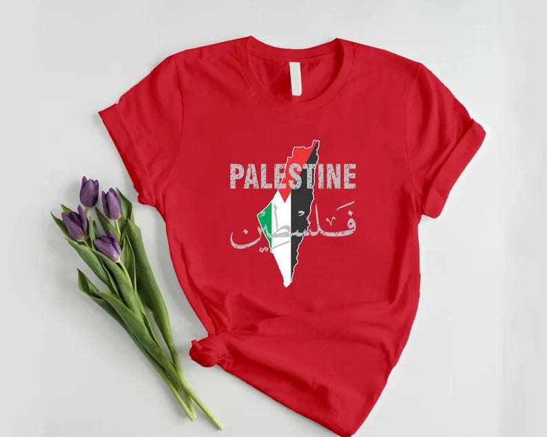 Palestine Name Flag T-Shirt, Palestine Arabic Calligraphy Shirt, Palestinians Muslims Map Printed Tees, Comfy Adults Tops