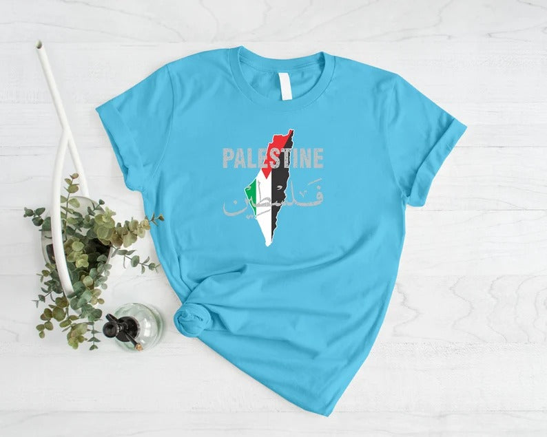 Palestine Name Flag T-Shirt, Palestine Arabic Calligraphy Shirt, Palestinians Muslims Map Printed Tees, Comfy Adults Tops