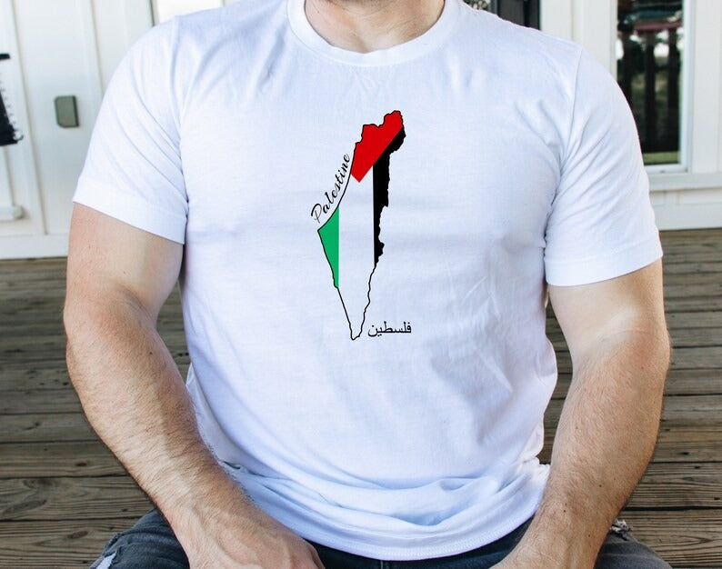 Palestine Flag Printed Shirt, Palestine Arabic Calligraphy Shirt, Muslims Solidarity Crewneck Tees, Comfy Palestinians Tops