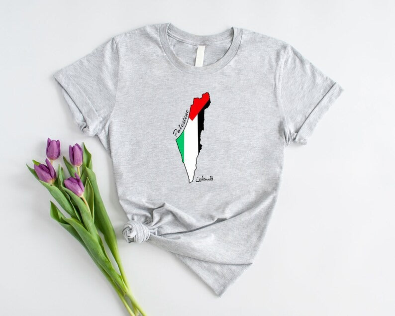 Palestine Flag Printed Shirt, Palestine Arabic Calligraphy Shirt, Muslims Solidarity Crewneck Tees, Comfy Palestinians Tops