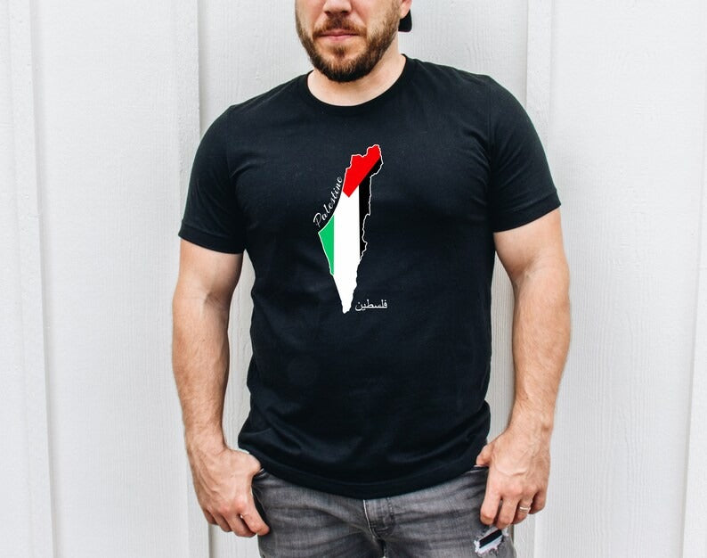 Palestine Flag Printed Shirt, Palestine Arabic Calligraphy Shirt, Muslims Solidarity Crewneck Tees, Comfy Palestinians Tops