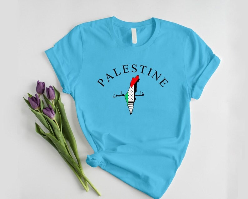 Palestine Arabic Calligraphy T-Shirt, Palestine Flag Map Crewneck Shirt, Muslims Solidarity Printed Tops, Palestinians Adults Clothing Gifts