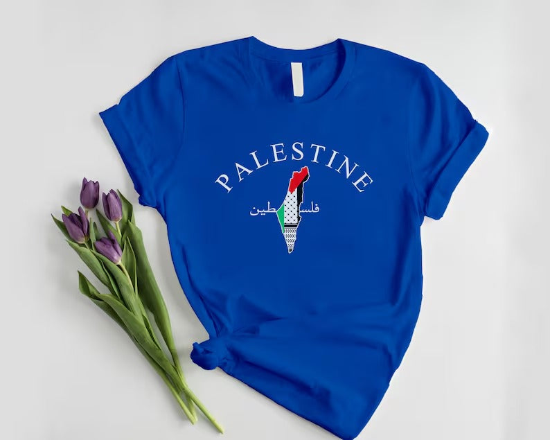 Palestine Arabic Calligraphy T-Shirt, Palestine Flag Map Crewneck Shirt, Muslims Solidarity Printed Tops, Palestinians Adults Clothing Gifts