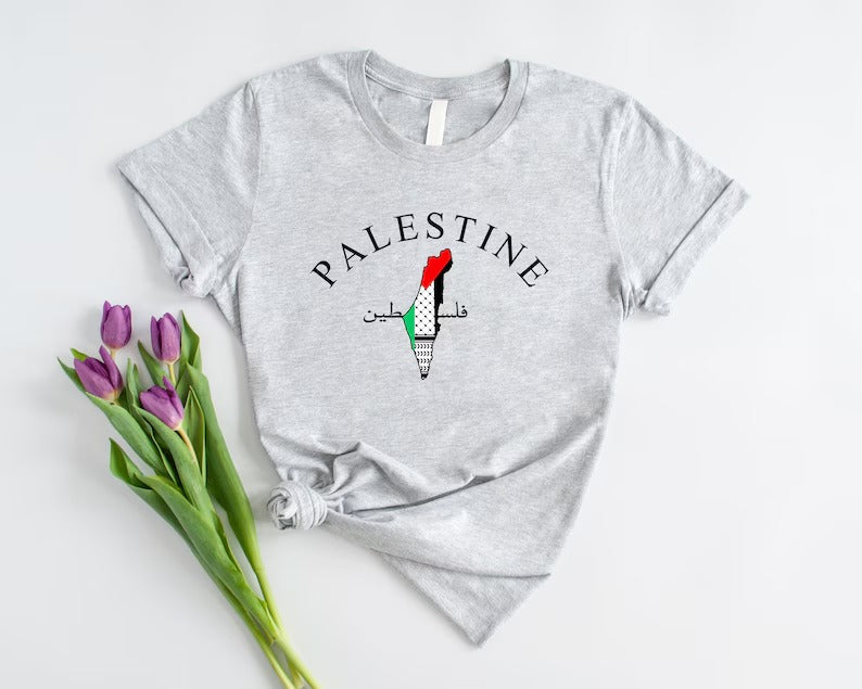 Palestine Arabic Calligraphy T-Shirt, Palestine Flag Map Crewneck Shirt, Muslims Solidarity Printed Tops, Palestinians Adults Clothing Gifts