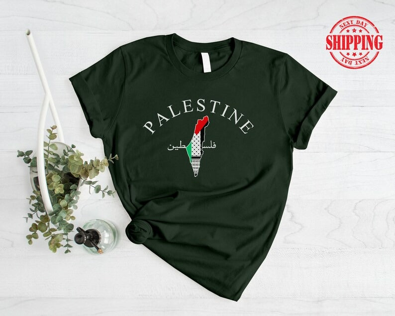 Palestine Arabic Calligraphy T-Shirt, Palestine Flag Map Crewneck Shirt, Muslims Solidarity Printed Tops, Palestinians Adults Clothing Gifts