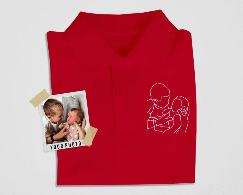 Custom Couple Portrait from Photo Shirt, Embroidered Outline Sketch Polo Shirt, Personalised Couple Matching TShirt, Memorial Birthday Gifts