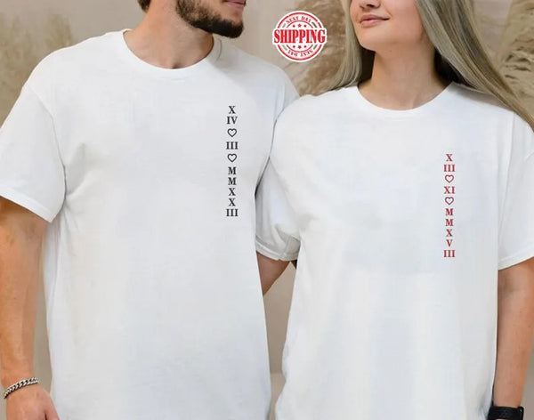 Custom Roman Numeral Matching Shirt, Embroidered 2nd Anniversary Date Shrit, Personalised Couple Wedding Shirt, Long Distance Gift for Him