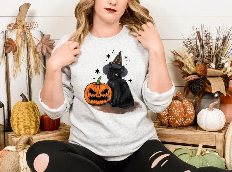 Vintage Witchy Halloween Cats Sweater, Winking Pumpkin Halloween Printed Sweatshirt, Spooky Witchy Cat Spooky Season Jumper, Cat Lover Gifts