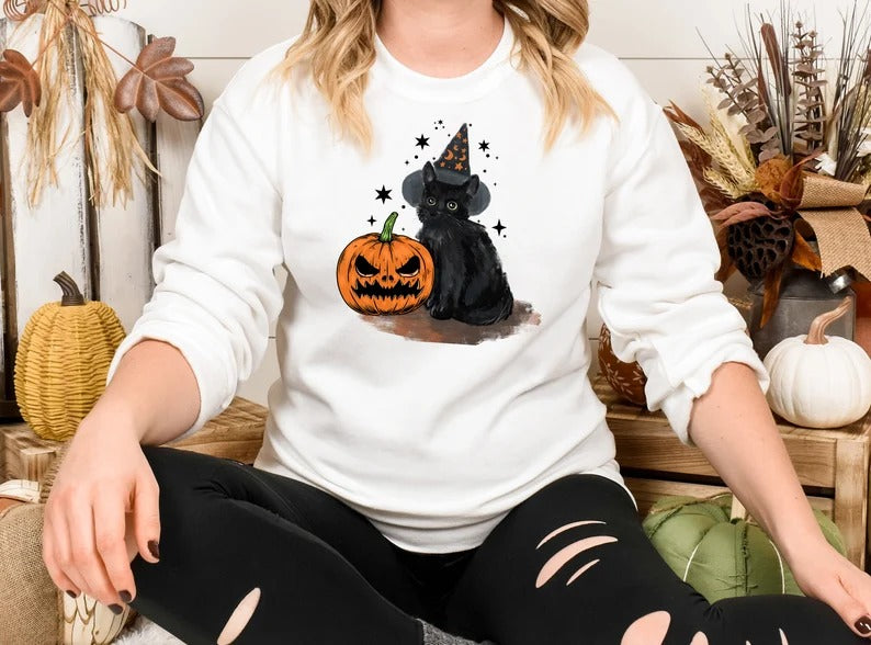 Vintage Witchy Halloween Cats Sweater, Winking Pumpkin Halloween Printed Sweatshirt, Spooky Witchy Cat Spooky Season Jumper, Cat Lover Gifts