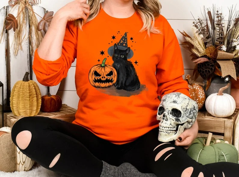 Vintage Witchy Halloween Cats Sweater, Winking Pumpkin Halloween Printed Sweatshirt, Spooky Witchy Cat Spooky Season Jumper, Cat Lover Gifts