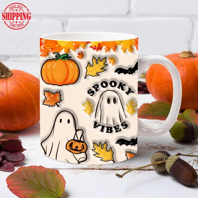 Halloween Ghosts Mugs, Cute Halloween Ghosts Coffee Mug, Vintage Spooky Vibes Cups, Pumpkin Spice Latte Ceramic Mug, Fall Halloween Gifts