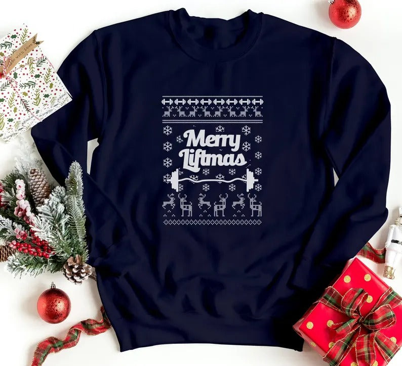 Merry Liftmas Christmas Sweatshirt, Xmas Ugly Crewneck Printed Sweater, Funny Fitness Matching Jumper, Body Building Christmas Holidays Tops