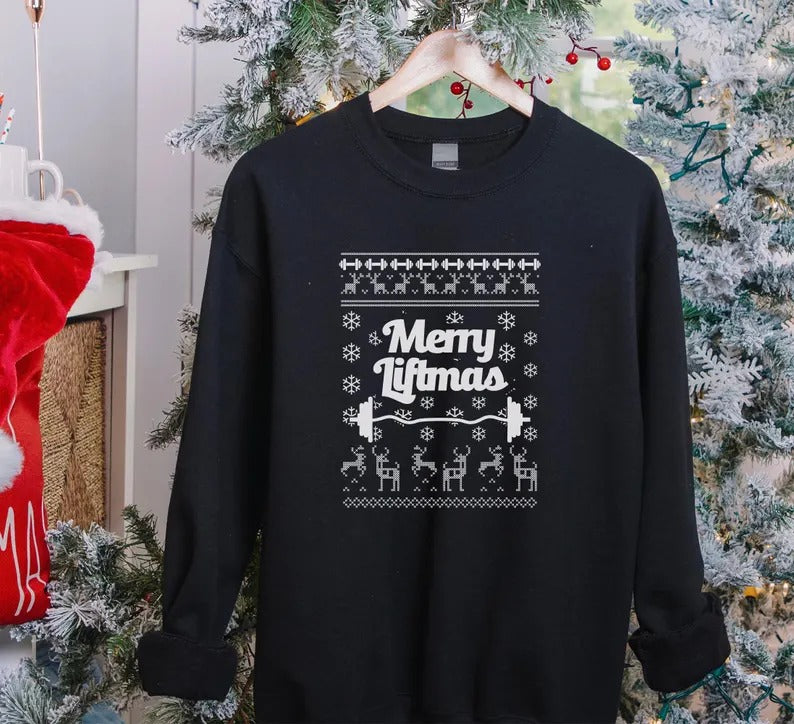 Merry Liftmas Christmas Sweatshirt, Xmas Ugly Crewneck Printed Sweater, Funny Fitness Matching Jumper, Body Building Christmas Holidays Tops