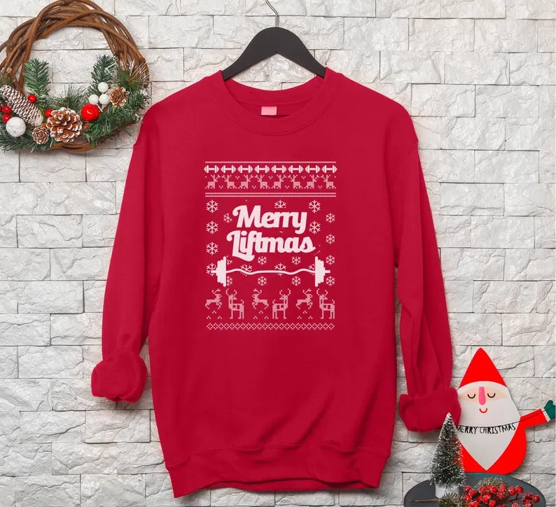 Merry Liftmas Christmas Sweatshirt, Xmas Ugly Crewneck Printed Sweater, Funny Fitness Matching Jumper, Body Building Christmas Holidays Tops