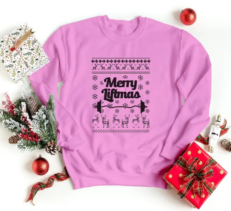 Merry Liftmas Christmas Sweatshirt, Xmas Ugly Crewneck Printed Sweater, Funny Fitness Matching Jumper, Body Building Christmas Holidays Tops