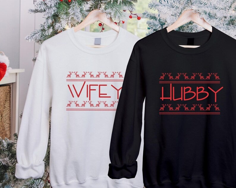 Christmas Couple Matching Sweatshirt, Wifey Hubby Xmas Holidays Sweater, Husband Wife Xmas Printed Jumper, Mr and Mrs 1st Christmas Gifts