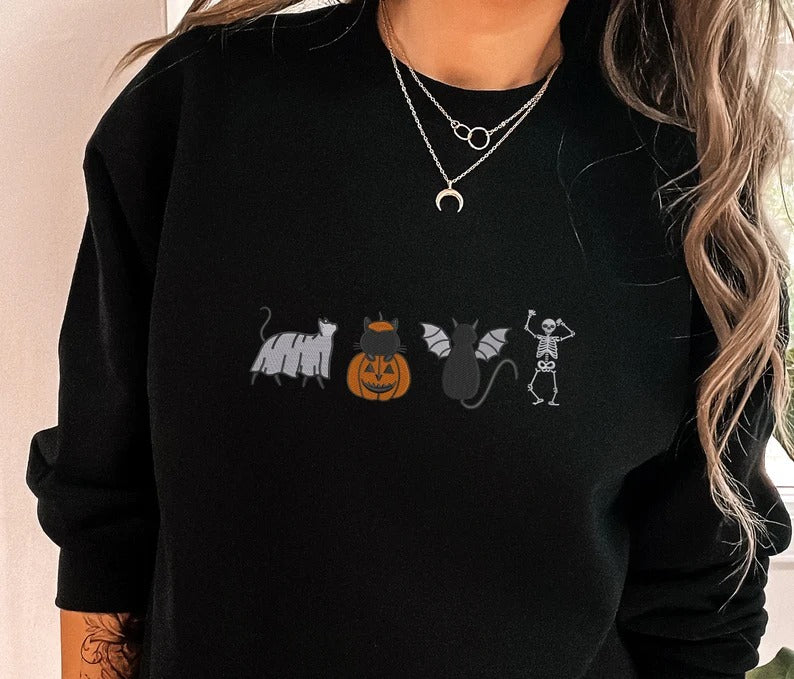 Halloween Cats Sweatshirt, Embroidered Ghosts Cats And Pumpkins Halloween Jumper, Spooky Season Sweaters, Halloween Family Matching Outfits