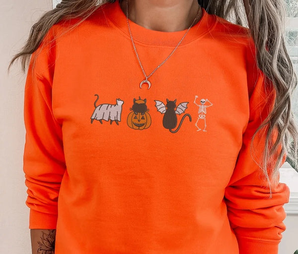 Halloween Cats Sweatshirt, Embroidered Ghosts Cats And Pumpkins Halloween Jumper, Spooky Season Sweaters, Halloween Family Matching Outfits