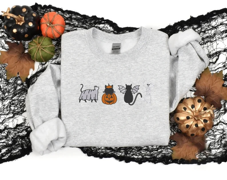 Halloween Cats Sweatshirt, Embroidered Ghosts Cats And Pumpkins Halloween Jumper, Spooky Season Sweaters, Halloween Family Matching Outfits