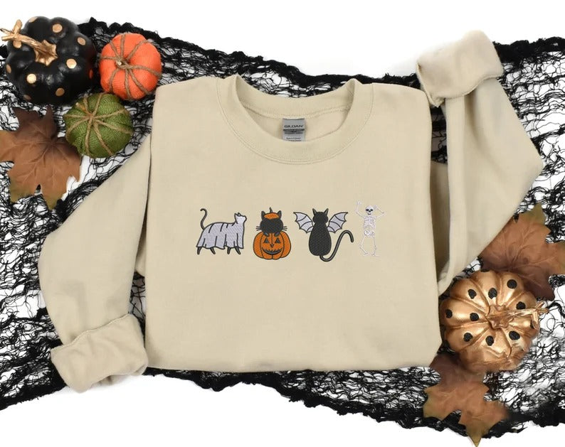 Halloween Cats Sweatshirt, Embroidered Ghosts Cats And Pumpkins Halloween Jumper, Spooky Season Sweaters, Halloween Family Matching Outfits