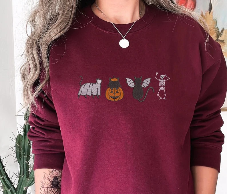 Halloween Cats Sweatshirt, Embroidered Ghosts Cats And Pumpkins Halloween Jumper, Spooky Season Sweaters, Halloween Family Matching Outfits