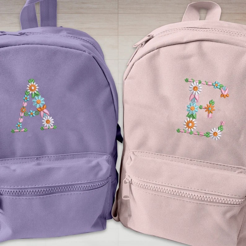 Custom Embroidered Initials Floral Backpacks, Personalised Flower Letters Mini Backpacks, Toddlers Backpack, Girls Bag, Back to School Gifts