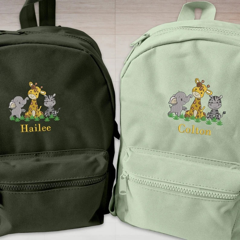 Personalised Kids School Backpack, Custom Name Embroidered Mini Backpack, Cute Safari Animals Backpack, Comfort Colors Kids Bag, School Gift