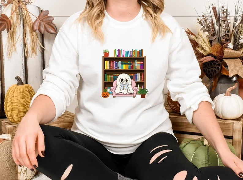 Bookish Ghost Spooky Sweatshirt, Ghost Reading Books Printed Halloween Sweater, Cute Halloween Fall Jumpers for Librarian, Books Lover Gifts