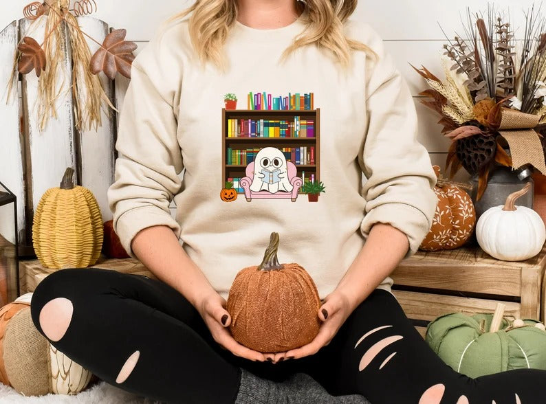 Bookish Ghost Spooky Sweatshirt, Ghost Reading Books Printed Halloween Sweater, Cute Halloween Fall Jumpers for Librarian, Books Lover Gifts