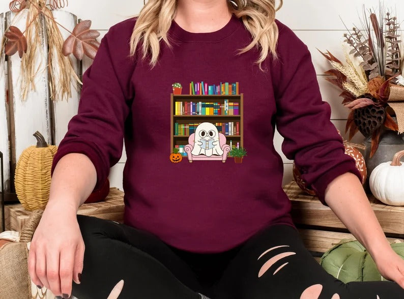 Bookish Ghost Spooky Sweatshirt, Ghost Reading Books Printed Halloween Sweater, Cute Halloween Fall Jumpers for Librarian, Books Lover Gifts