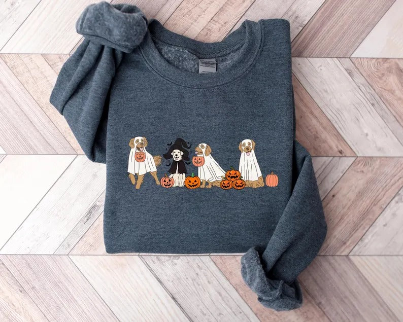 Golden Retriever Halloween Sweatshirt, Halloween Ghost Dogs Jumper, Halloween Dog Lover Sweaters, Gothic Dogs Sweatshirt, Gift for Halloween