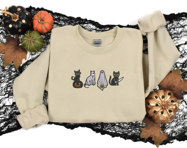 Ghost Cats Embroidered Sweater, Halloween Cats Printed Sweatshirt, Cute Ghost Cats Spooky Season Jumper, Cat Lover Gifts, Halloween Outfits