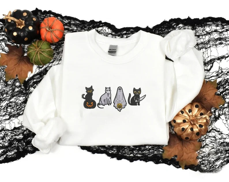 Ghost Cats Embroidered Sweater, Halloween Cats Printed Sweatshirt, Cute Ghost Cats Spooky Season Jumper, Cat Lover Gifts, Halloween Outfits